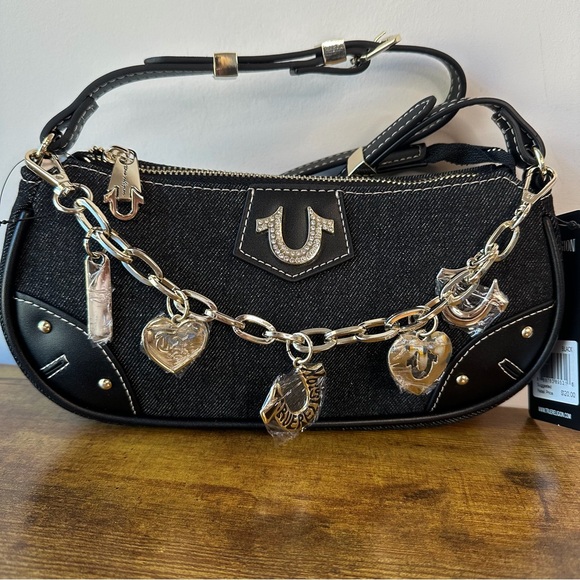 New True Religion Black Denim Horseshoe Gold Chain Charm Shoulder Handbag Cute - Picture 2 of 7